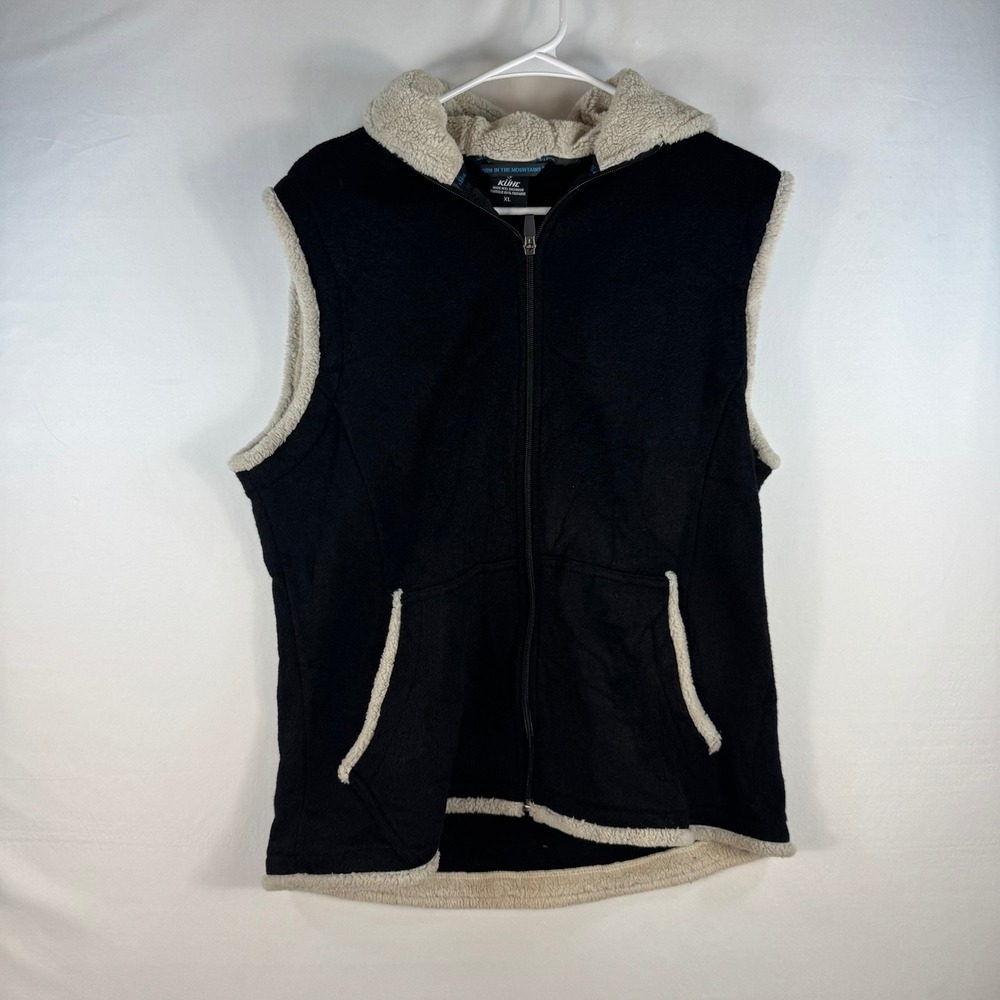 Kuhl Alfpaca Fleece Vest Womens XL Black Cream Full Zip Hooded Outdoor Layering